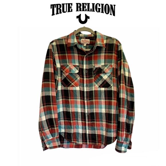 TRUE Religion red teal plaid check flannel fleece button down shirt size 8 - Picture 1 of 9